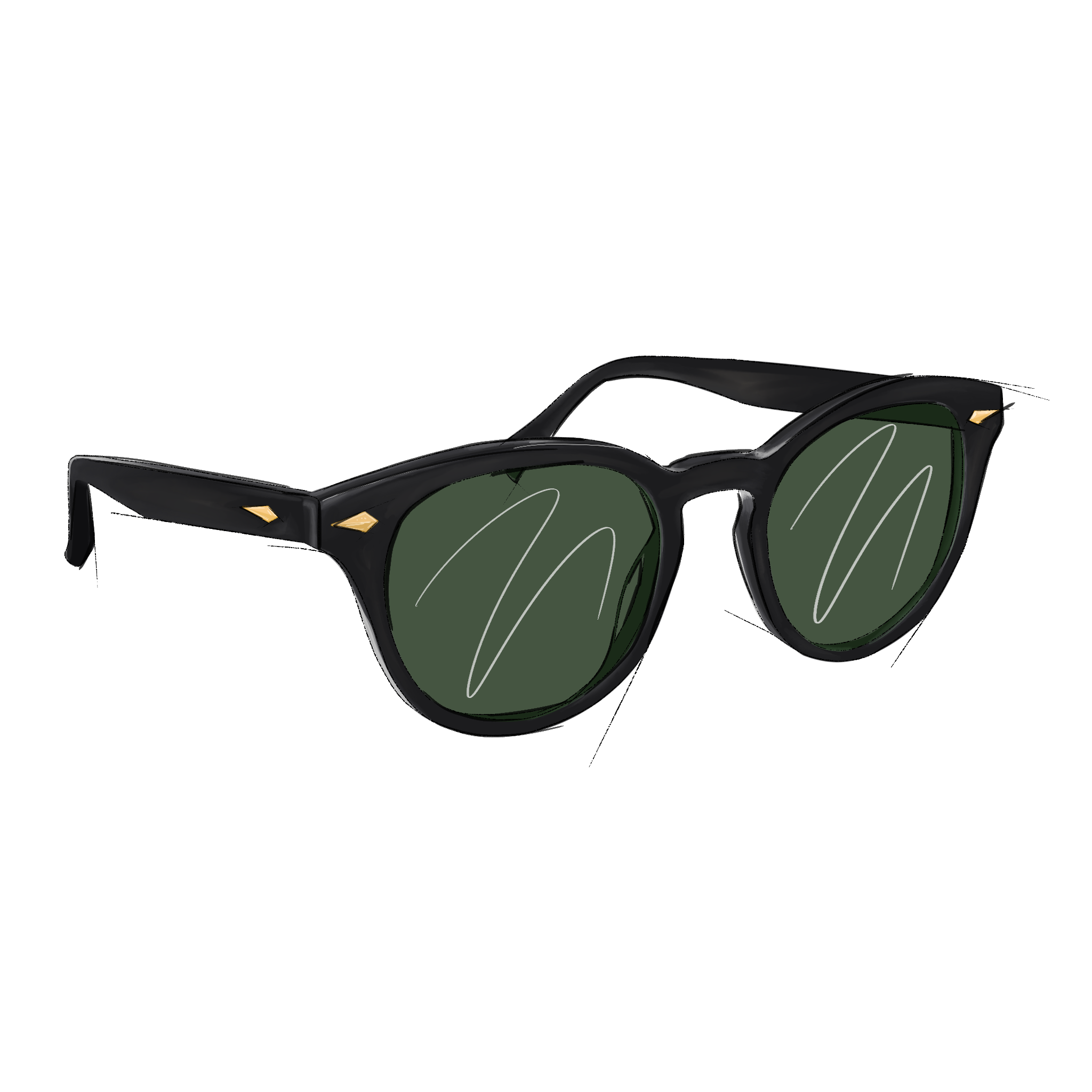 Black acetate sunglasses with green lenses and gold temple detail